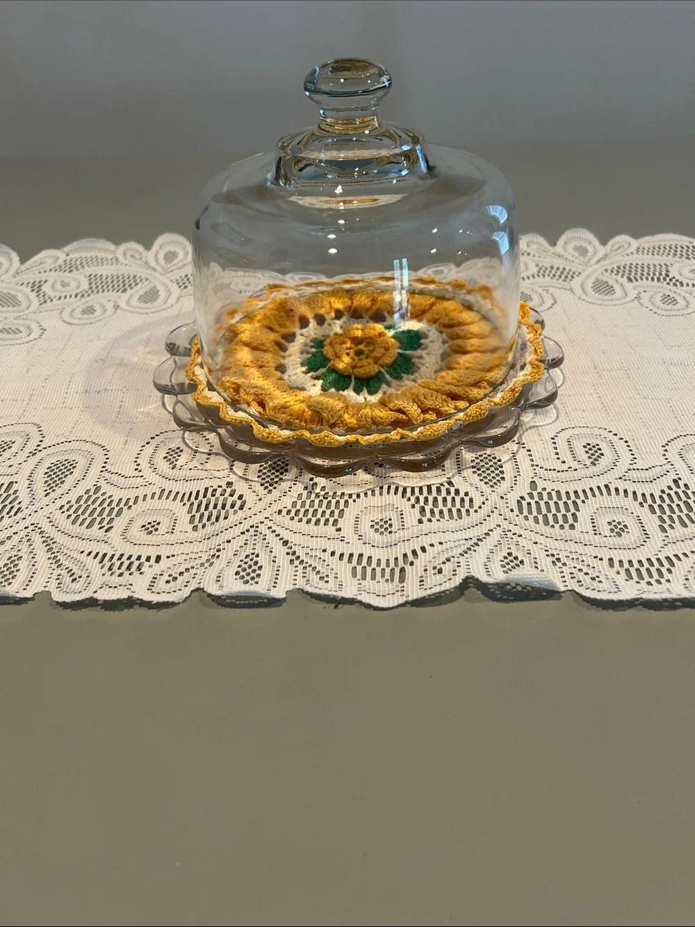 Crystal Cloche with Crystal plate with Yellow Crochet Doily H 7 in dia 8.5 in